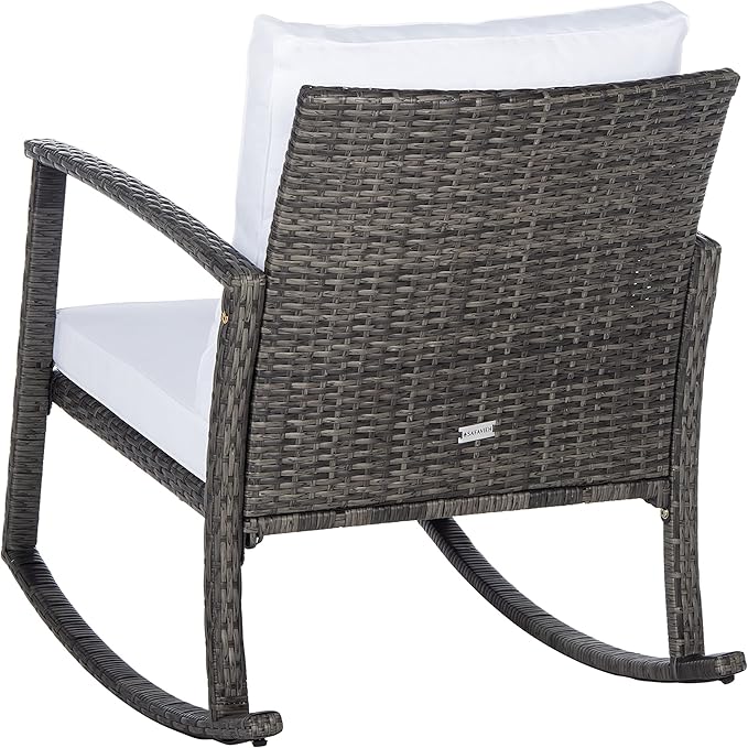 SAFAVIEH Outdoor Collection Daire Woven Grey Brown/White Cushion Rocking Chair for Patio Porch Backyard Sunroom