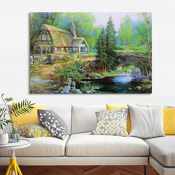STUDIO HAVEN Thomas Kinkade Canvas Wall Art, Riverside Cottage Stone Bridge Vine-Covered Home Flowing Stream Oil Painting Poster Rustic Wall Decor, Framed Prints for Home Decor, 40x28Inch