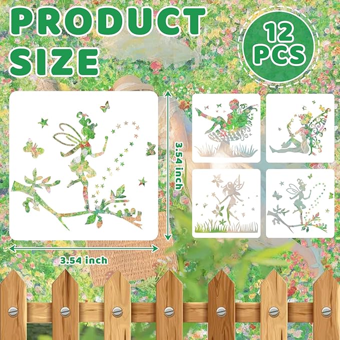 12 PCS Fairy Stencils Reusable Butterfly Moon Fairy Wildflower Templates for Painting on Wood Wall Glass Canvas Scrapbook DIY Craft Home Decor 4.7 x 4.7 Inch