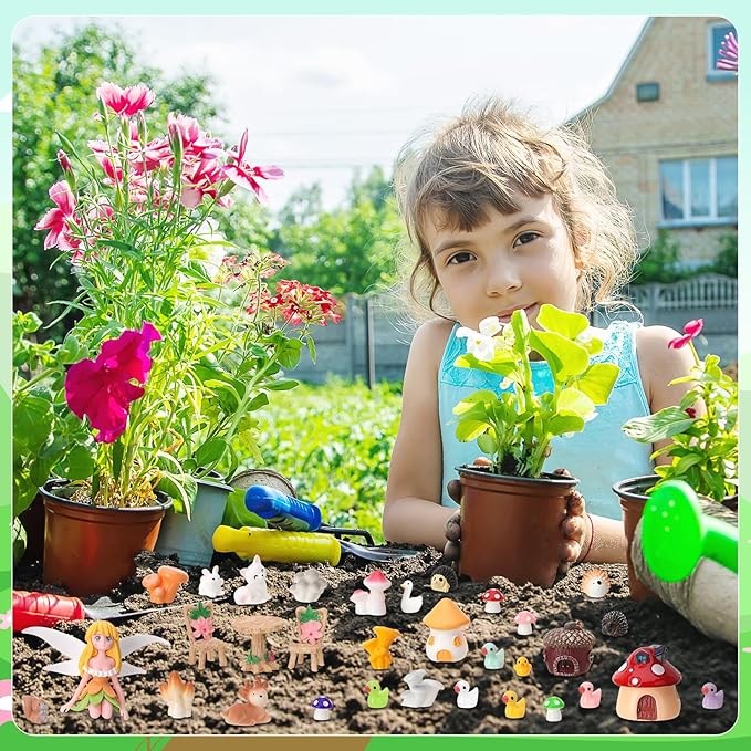 54 Pcs Fairy Garden Accessories, Mini Resin Animals Figures, Miniature Table and Chairs, Bridge, Fence, Fairy House Kit with 50g Artificial Moss for DIY Craft Landscape Bonsai Glass Container