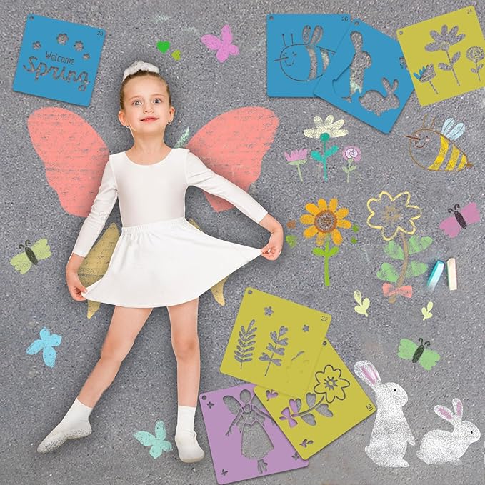 30Pcs Spring Stencils for Kids 8 Inches Sidewalk Chalk Stencil Large Drawing Stencils for Crafts Reusable Garden Flower Easter Themed Primary Shape Template for DIY Art on Sidewalk Wall Home Decor