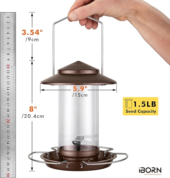 iBorn Bird Feeder Metal Squirrel Chew-Proof Bird Feeders for Outdoors Hanging Outside for Cardinal, Holds 1.5LB Seed with 3 Perchs, Brushed Coffee (Seed is not Included)
