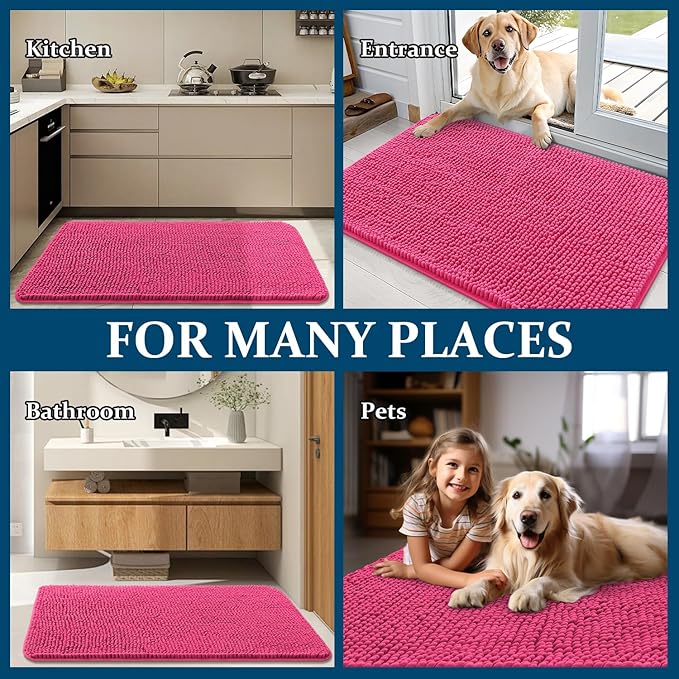 OLANLY Dog Door Mat for Muddy Paws 30x20, Absorbs Moisture and Dirt, Absorbent Non-Slip Washable Doormat, Quick Dry Chenille Mud Mat for Dogs, Entry Indoor Entryway Carpet for Inside Floor, Hot Pink