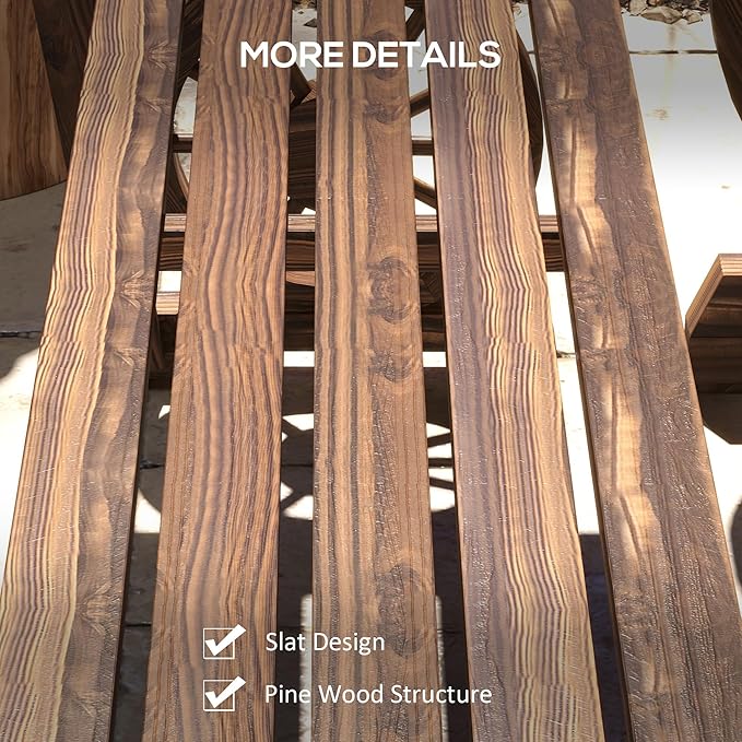 Outsunny Outdoor Table and Chairs for 4 People, Wooden Patio Table and Dining Bench Set, 3 Piece All Weather Furniture Set with Wagon Wheel Design for Backyard Garden, Deck, Carbonized