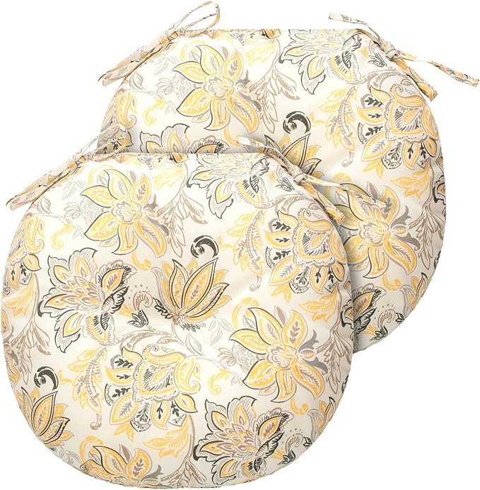 Bistro Chair Cushions 15 inch,Set of 2,Tufted Round Chair Cushions with Ties,15"x15"x4",Water Resistant Round Seat Cushion for Barstool Chairs,Patio Garden Kitchen Outdoor Furniture(Yellow Flower)
