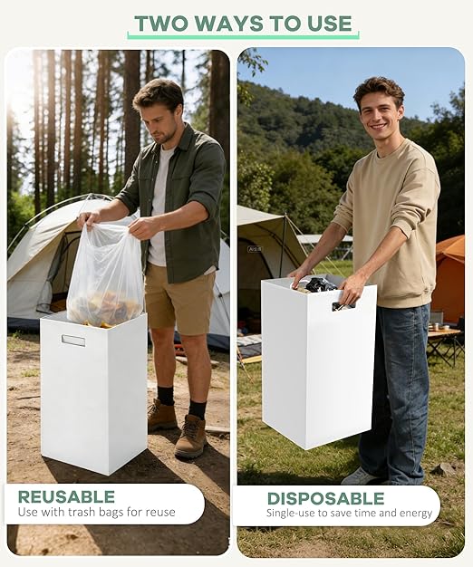 4 Pack Corrugated Cardboard Disposable Trash Cans for Parties, 40 Gallon Collapsible Garbage Cans with Handle, Thick Foldable Bins for Party Events Camping Beach(18.1" L x 18.1" W x 35.7" H), White