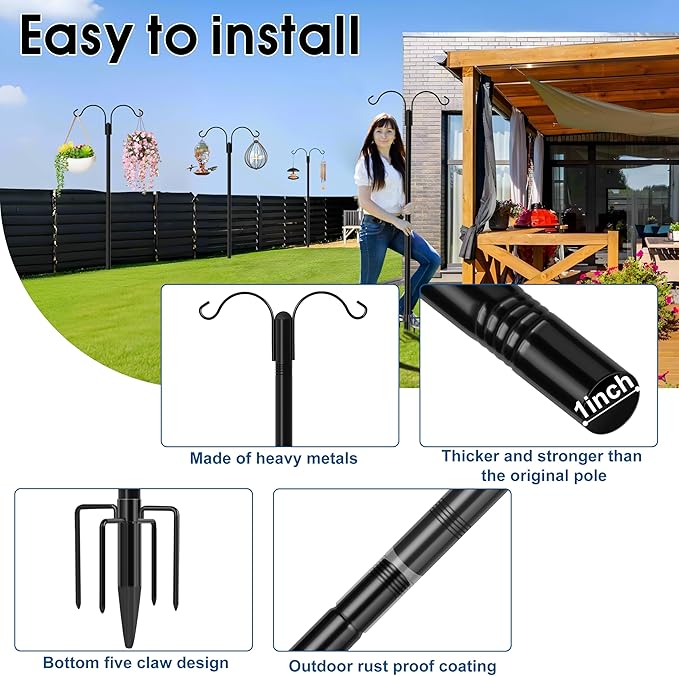 Ottsuls Bird Feeder Pole, 2 Pack 60 INCH Double Shepherds Hooks for Outdoor, with 5 Base Prongs Heavy Duty Tall Garden Planter Hooks for Hanging Flower Basket, Lantern, Hummingbird Feeder