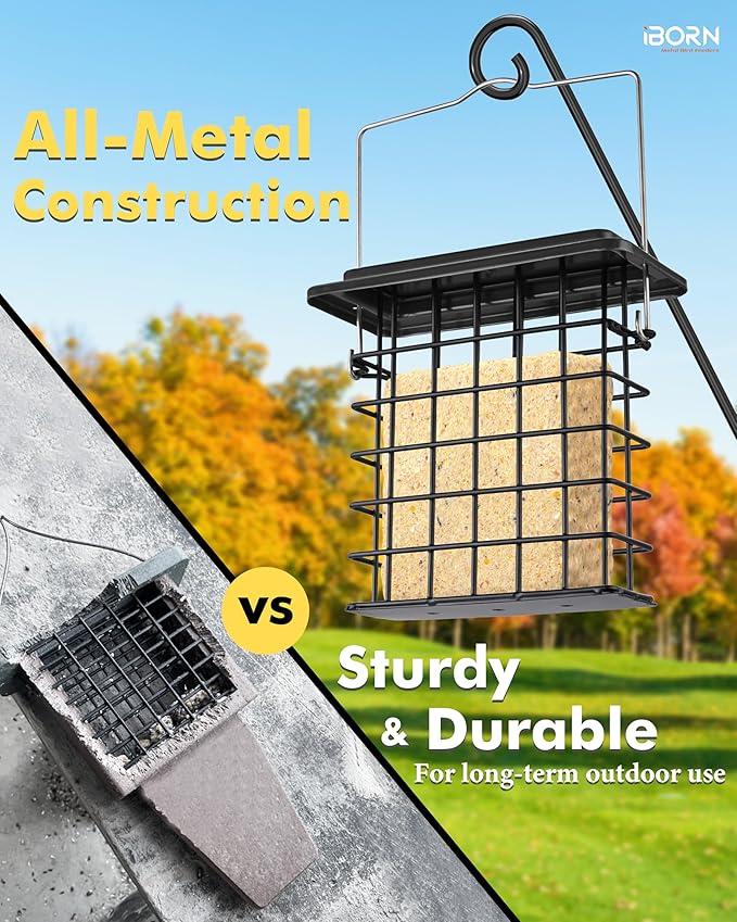 iBorn Suet Feeder Suet Bird Feeders [Single Capacity] for Outside Hanging with Taller Grid for Woodpecker,Metal Black（Pack of 2）