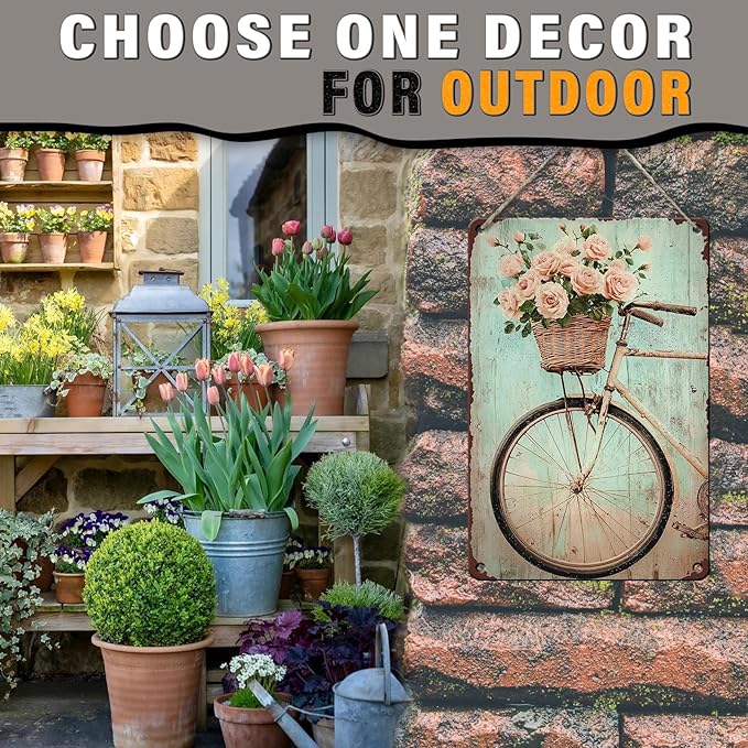 PEACHGARDEN Vintage Spring Metal Sign Bike with Flower Wall Decor Farmhouse Decor for Home Cafes Office Store Pubs Club 8x12inch