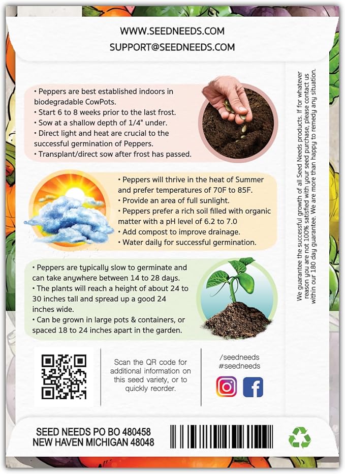Seed Needs Rainbow Bell Pepper Seeds for Planting - Non-GMO, Heirloom & Untreated - Organically Grow a Home Grown Garden Outdoors for Healthy Vegetables (2 Packs)