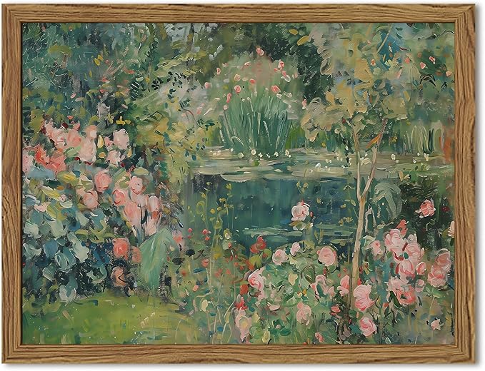 Framed Vintage Floral Landscape Canvas Wall Art, Rose Garden Pond Wall Decor Paintings, Rustic Cottagecore Nature Plant Pictures Prints Aesthetic Home Decor for Living Room Bedroom Bathroom 12x16 inch