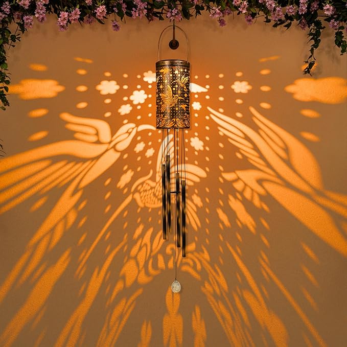 for Women Solar Wind Chimes Hummingbird Outside Lights Hanging Decor Outdoor Sympathy Wind Chimes for Garden Patio (1 Light with 3 Colors Cycle - Hummingbird)