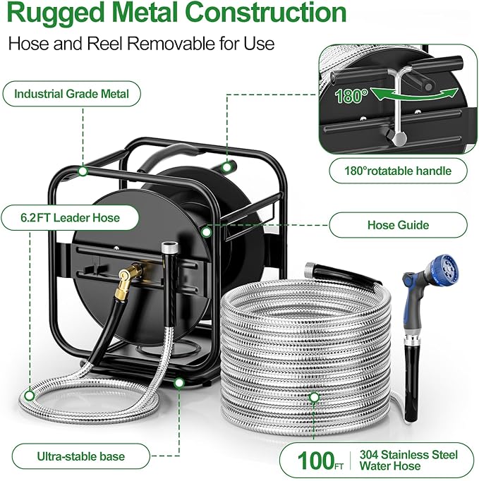 SPECILITE Heavy Duty Metal Garden Hose Reel With 100 Ft 304 Stainless Steel & Aluminum Nozzle, Wall Mount/Floor Water Pipe Spool, 360° Rotation Frame, Winder Combo, Black