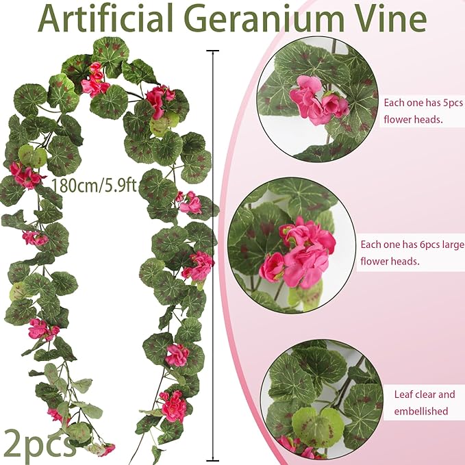 CISDUEO 2 Pcs Spring Summer Flower Garland Geranium Artificial Garland Outdoors Rose Red Geranium Artificial Flowers UV Resistant Hanging Basket Floral Garland for Porch Farmhouse Centerpiece Decor
