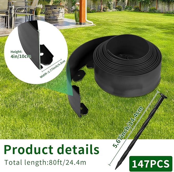 4 in x 80 Ft Garden Landscape Edging, No Dig Garden Edging Border Kit with 147 Pcs Spikes for Flower Bed Lawn Yard Grass Black