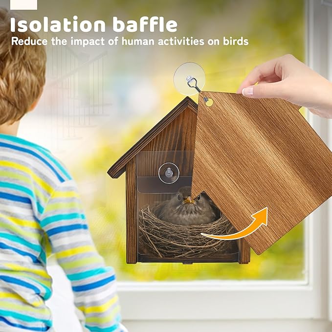 Window Bird Houses for Outside with Stainless Steel Guard, Birdhouse Cover Panel and Adhesive Hooks, Clear for Viewing Inside, Hanging Wooden Birdhouses for Outdoors, for Bluebird Finch Chickadee