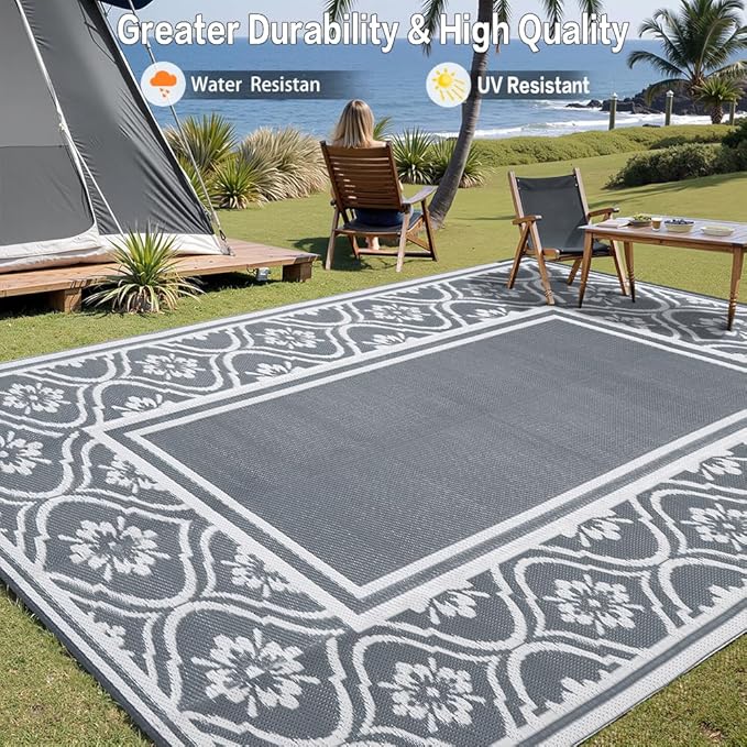 HUGEAR Outdoor Rug 8x10 Patio Waterproof Mat Camping Carpet Outside Area Rug Reversible Grey Rugs for RV Deck Entryance Porch Picnic Balcony Beach