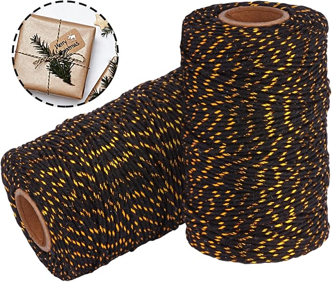 Cotton Twine String Bakers Rope: 2 Roll Twines for Crafts Gift Wrapping - 656 Feet Gold Wire Black Twine for Kitchen Cooking