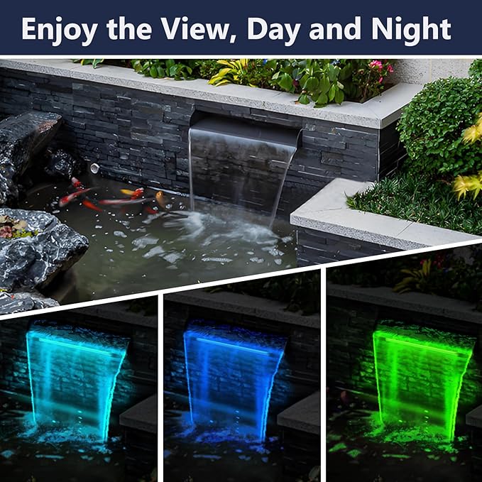 AquaMiracle Pond Waterfall Kit with LED Lights, All-in-1 Stainless Steel Spillway with 660GPH Water Pump, Outdoor Waterfall Fountain for Garden, Backyard & Pool Decor (12inch)