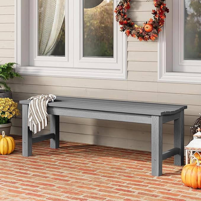 Outdoor Bench, 2-Person Patio Backless Bench Holds up to 800lbs, Weatherproof Garden Bench That Never Rot and Fade, Suit for Backyard, Porch, Patio, Deck and Entryway (Grey)