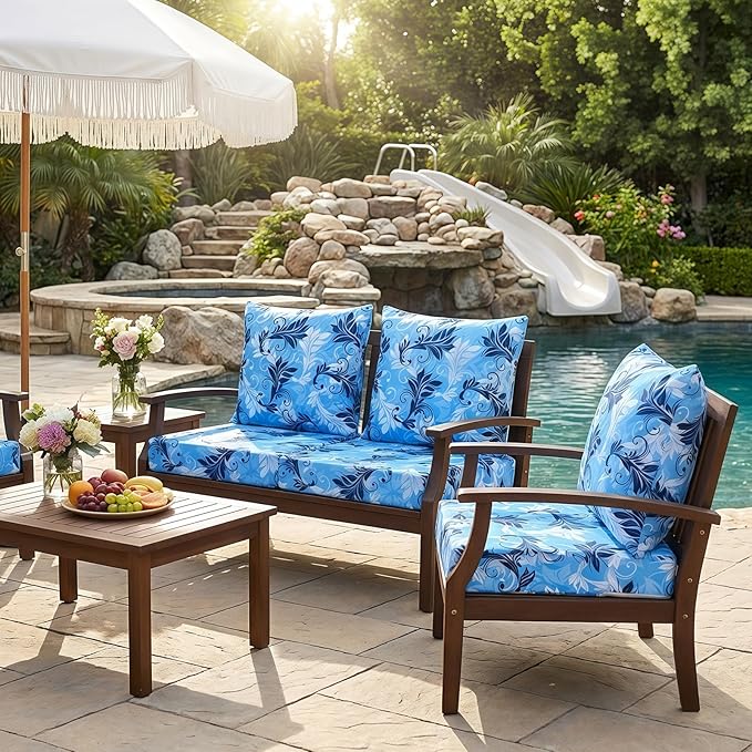 Hoteam 4 Set Outdoor Chair Patio Cushions Deep Seat Waterproof Chair Cushions 20 x 20 Inch for Patio Furniture Set Replacement Removable Seat and Back (Floral Scrolls)