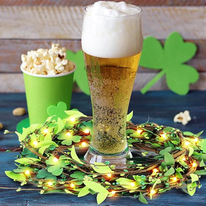 6.5 Ft St.Patrick's Day Garland Lucky Shamrock Wreath with LED Lights Artificial Green Clover St Patrick's Day Hanging Wreath Garland for Front Door Arch Wall Irish Festival Party Decoration