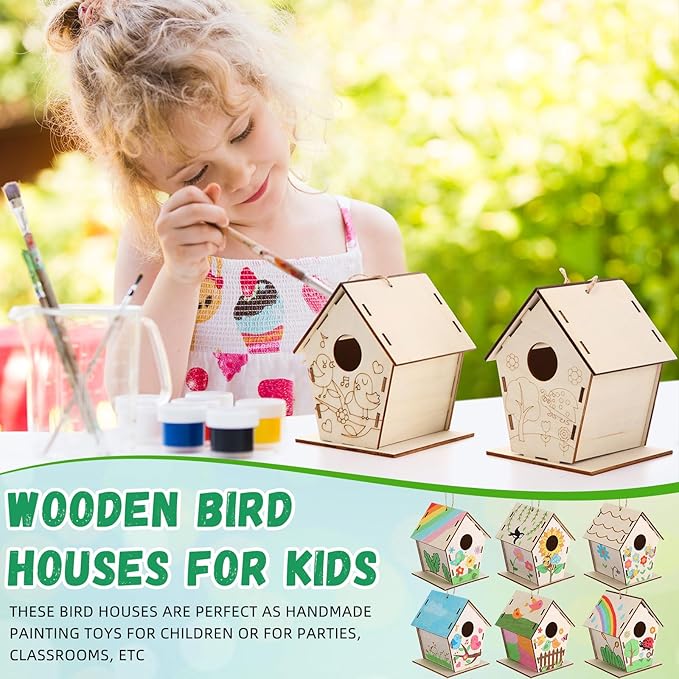 24 Pack Wooden Bird House Bulk for Kids Birdhouse Kit Wood Houses for DIY Unfinished Hanging Birdhouse Kits Wooden Craft Houses to Paint VBS Craft Family Crafts