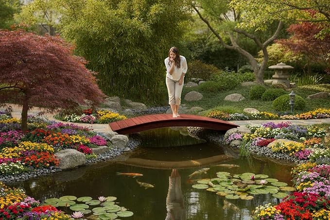 6 FT MAHOGANY Amish Made Pinewood Heavy Duty Garden Bridge for Walkway, Backyard Pond & Landscaping, Outdoor Wooden Footbridge for Koi Pond, Japanese Style Decorative Bridge, Made in USA