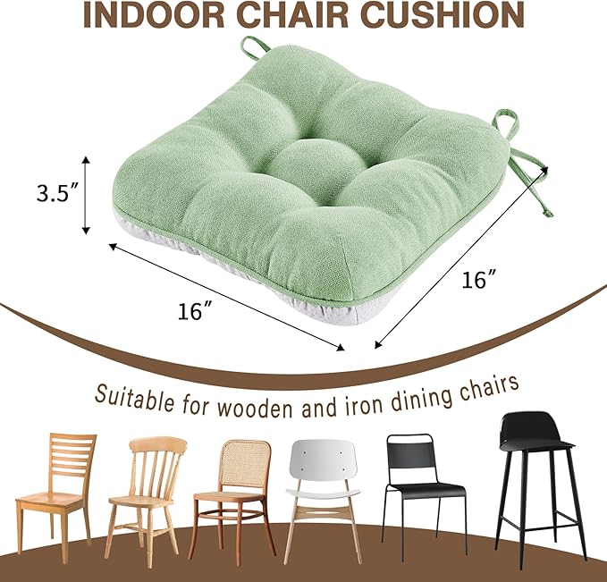 BETU Chair Cushions for Dining Chairs Set of 6,3.5" Thick Kitchen Table Chair Pads with Ties,Non Slip Backing and Covers, Home Decor Seat Cushion for Dining Room,Bar,Patio Chairs16"X16"X3.5"Sage Green