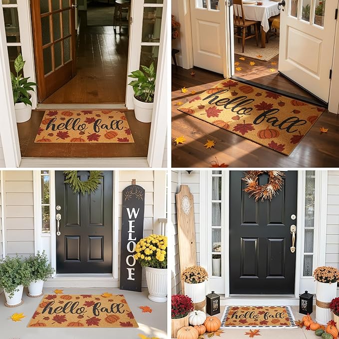 Hello Fall Pumpkin Door Mat Autumn Welcome Mat for Front Door Outdoor Entrance Doormat Coir Dirt Trapper with Non Slip Backing,17x30, Maple Leaves