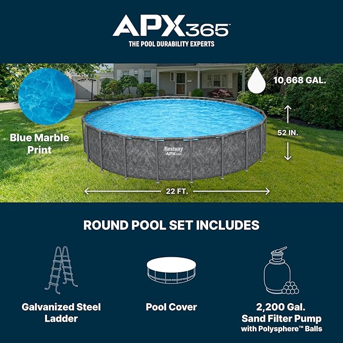 Bestway APX 365 22' x 52" Above Ground Pool, Round Metal Frame Outdoor Swimming Pool Set with Sand Filter Pump, Ladder, and Cover, Dark Marble