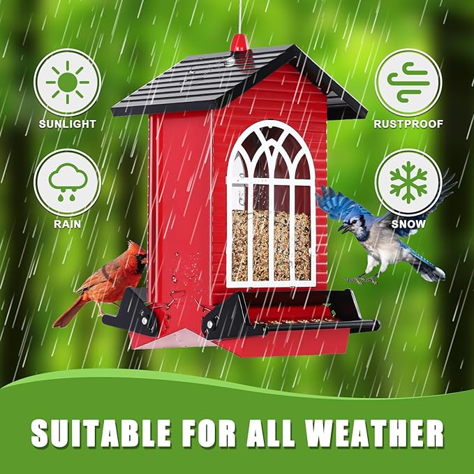 Squirrel Proof Bird Feeder for Outdoors,5LB Large Capacity,Metal Wild Bird Seed Feeder with Bilateral Weight-Activated Perches for Outside Hanging,Finch,Cardinal,Blue Jay,Garden Decoration,Red