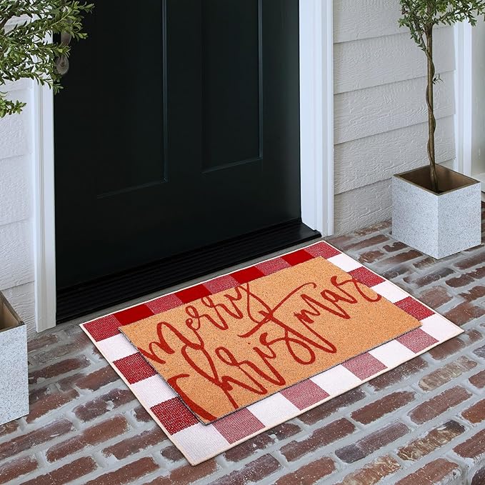 Tinideya 2 Pcs Christmas Door Mat Xmas Welcome Non Slip Coir Mats Merry Christmas Red White Buffalo Plaid Floor Layering Doormats Seasonal for Front Porch Entryway Decor(Red White Buffalo)