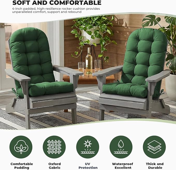 Outdoor/Indoor Adirondack Chair Cushion, Waterproof Outdoor Rocking Chair Cushion with Ties, Tufted Replacement Seat Cushions for Outdoor Furniture, Green