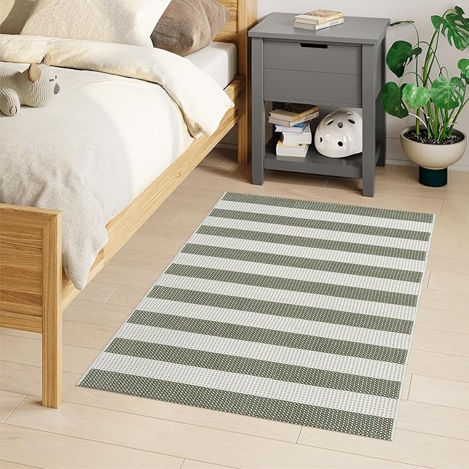 Striped Outdoor Rug 3x5, Boho Washable Front Porch Rug Cotton Hand Woven Outside Door Mats,Foldable Layered Doormat for Farmhouse/Entryway/Home Entrance(Green and White)