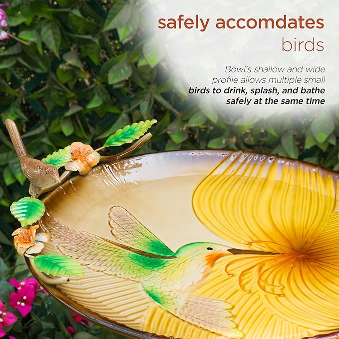 Alpine Corporation 32" H Outdoor Metal Birdbath w/Stylish Stand, Hummingbird Birdbath Bowl and Stand Set, Yellow/Gray