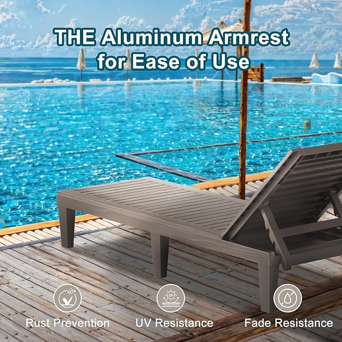 EasyUp Resin Chaise Lounge Chairs with 5-Position Backrest, UV & Fade-Resistant, Waterproof for Garden, Pool, Beach & Patio (Set of 2-Grey)