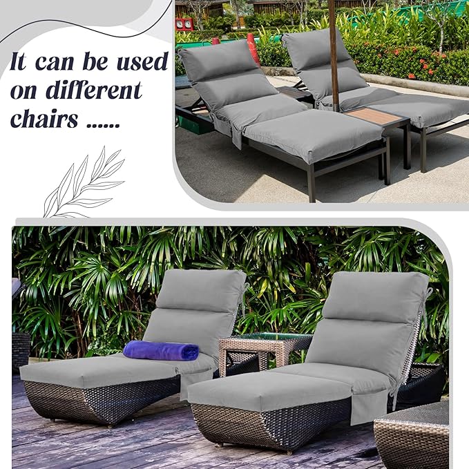 Kigley 2 Pcs Chaise Lounge Cushions, 77.9 x 20.5 x 4.7 Inch Outdoor Lounge Chair Cushions with Pocket, Thick Tufted Patio Recliner Replacement with Ties, Fade Resistant for Pool Furniture (Light Gray)