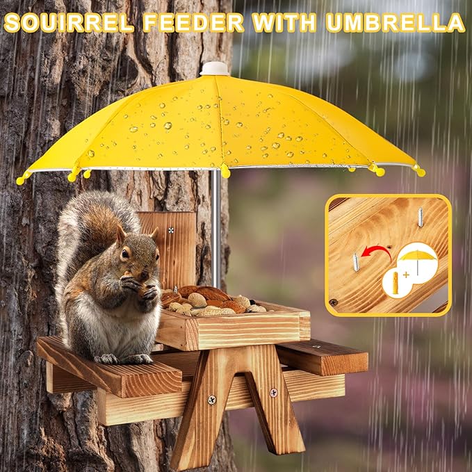 Gnodary Squirrel Feeder with Umbrella, Squirrel Feeders for Outside, Squirrel Picnic Table Feeder - Chipmunk Feeder Hold Corn, Corn Cob, Peanuts (Yellow)