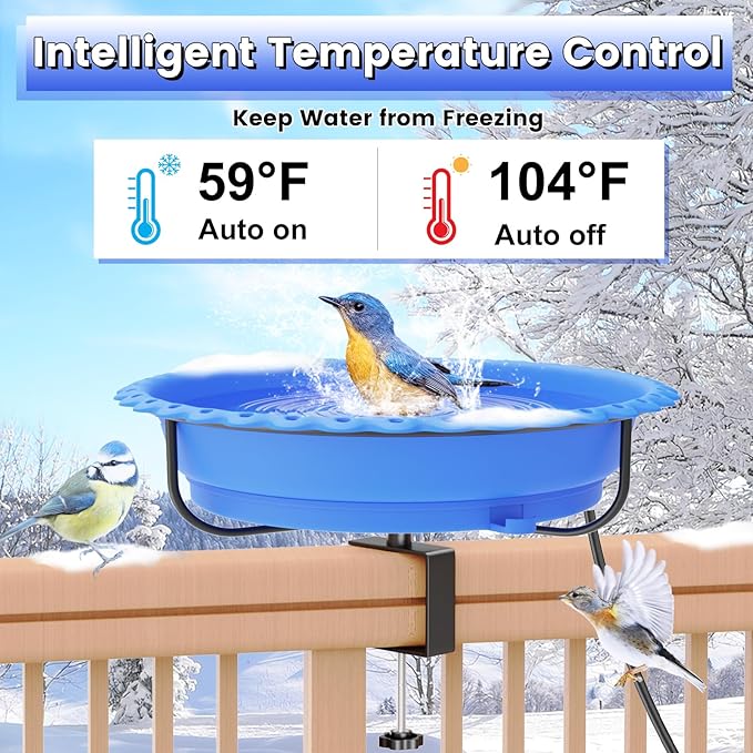 Heated Bird Bath for Outdoors, Upgraded 100W Thermostatically Controlled Heated Bird Baths for Deck Railing Large Capacity Heated Birdbath for Outside Winter Garden Yard Patio Lawn (Blue)