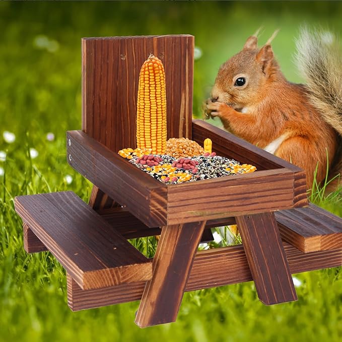 Wooden Squirrel Picnic Table Feeder – Handcrafted Outdoor Wildlife Feeder with Corn Spike, Easy Mounting for Backyard & Garden, Weather-Resistant Feeder for Squirrels, Birds, and Wildlife
