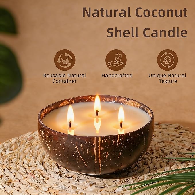 Viyffo Ocean Breeze Scented Candle, Large 18oz 3 Wick Non Toxic Soy Candles, Natural Coconut Shell Candle for Home, Fresh Airy Aromatherapy for Relaxation & Summer Décor, Unique Gift for Women & Men