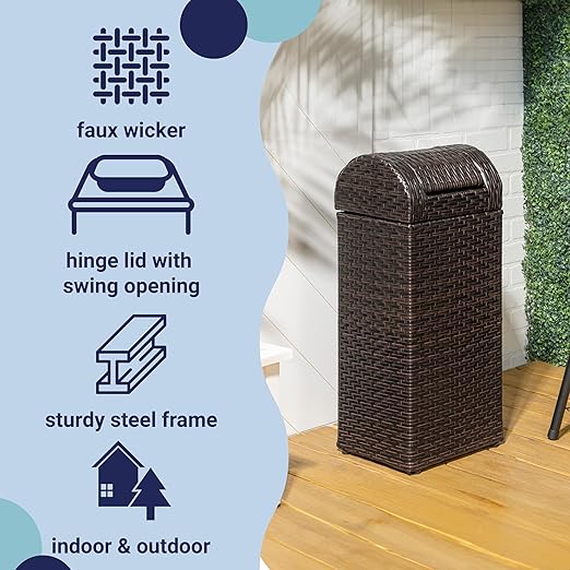 happimess HPM1201A Darla 14.27-Gallon All-Weather Wicker/Metal Swing Top Hideaway Outdoor Trash Can, Brown, Classic, Coastal, Casual Wastebin for Backyard, Patio, Porch, Kitchen