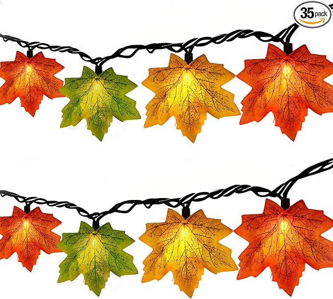 Maple Leaf String Lights Thanksgiving Decorations, Fall Garland Lights String with 35 LED Orange Yellow Green Lights for Connectable Display Indoor Outdoor Fall Decor Halloween Decorations