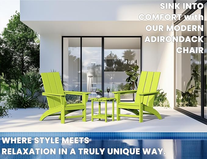 Modern Adirondack Chairs Set of 2, HDPE Plastic Patio Chairs for All Weather, Fire Pit Chair, Outdoor Lawn Chairs for Deck, Porch, Backyard, Garden, Lime