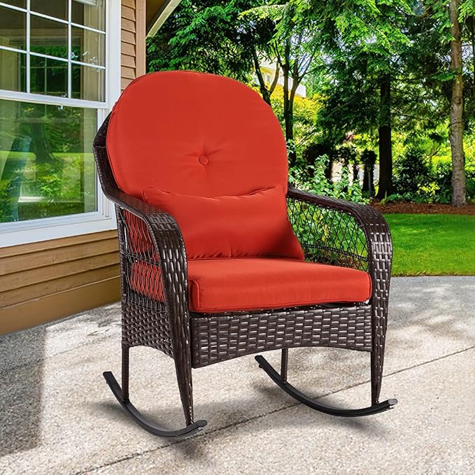 Outdoor Wicker Rocking Chair, 2 Piece PE Rattan Rocker Set with Cushion & Pillow, Outdoor Rocking Furniture for Garden, Porch, Backyard, Poolside (Brown Rattan+ Orange Cushion)