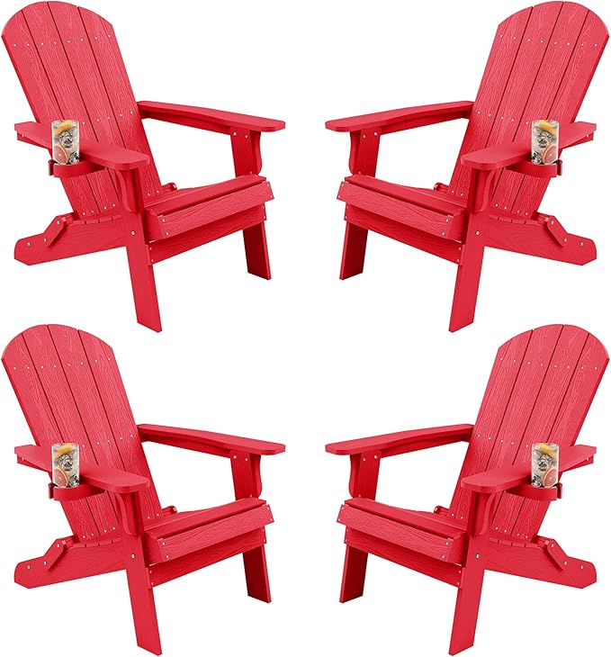 YEFU Adirondack Chair, Foldable Oversized Plastic Adirondack Chair Set of 4 with Cup Holder, Patio Chair with Weather Resistant for Outside Deck Lawn, Weight Capacity Up to 400 Lbs –Red