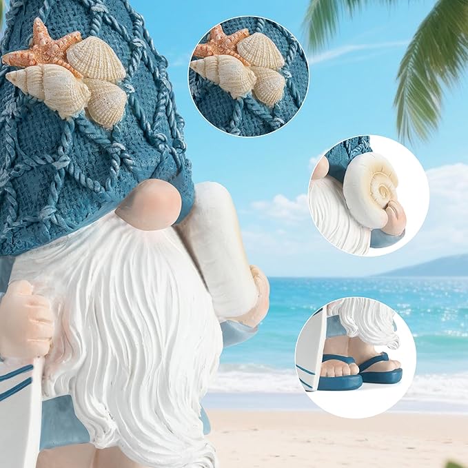 Beach Gnomes Statues,Ocean Gnomes,Nautical Themes Decoration,Beach, Gnome Holding a Surfboard