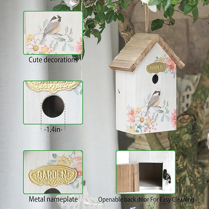 Wooden Humming Bird Houses for Outside Hanging Birdhouses for Outdoors Unique Bird Nest for Hummingbird, Bluebird, Wren, Chickadee, Sparrow, Decorative Garden Bird House for Bird Lover