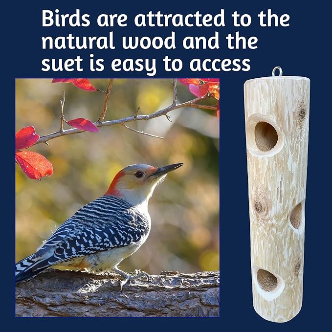 Natural Wood Log Feeder for Woodpeckers - 16 inch Outdoor Hanging Suet Feeder, Works with Suet Plugs, Balls and Cakes - Made In USA